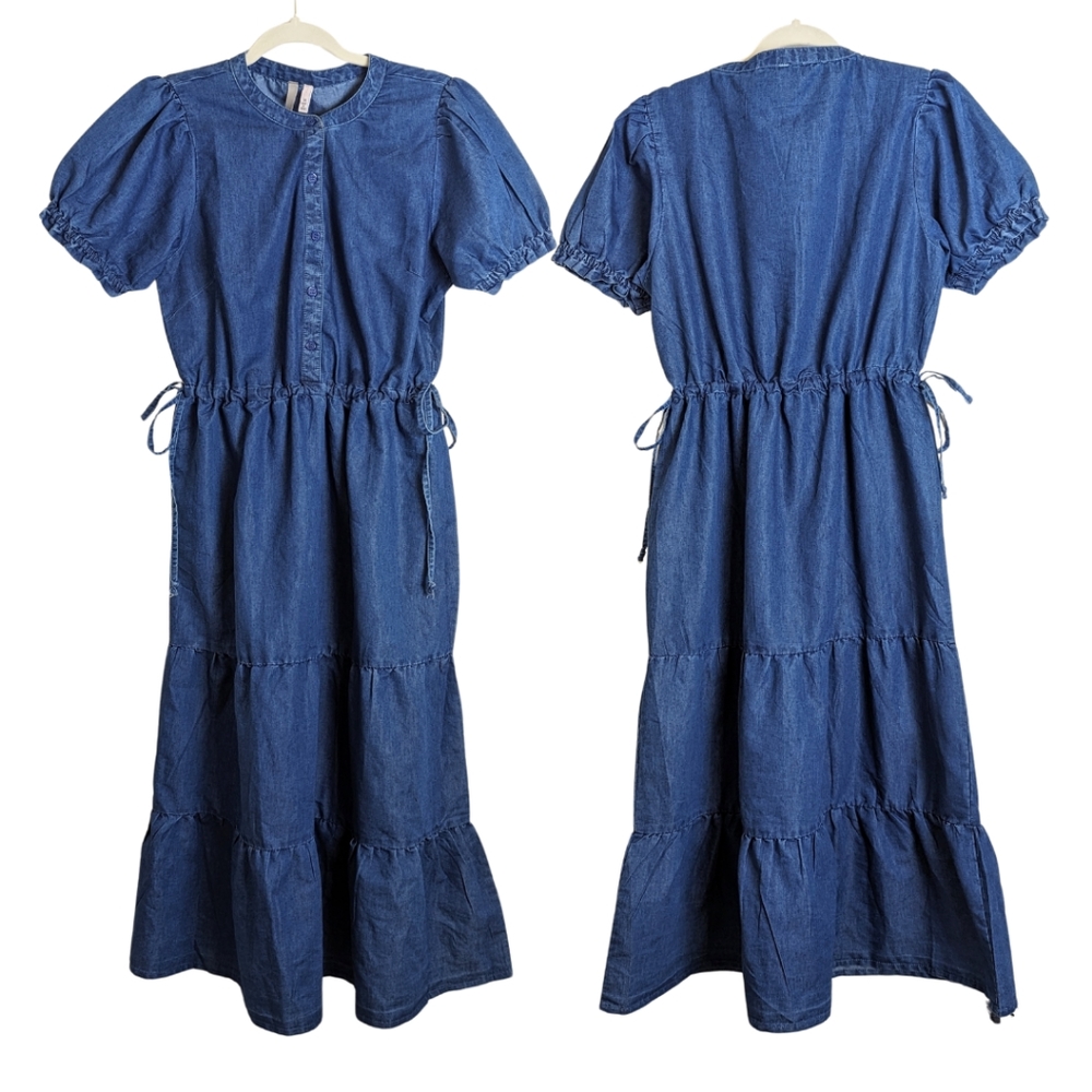 Cottagecore Denim Tiered Maxi Dress Drawing Tie Waist Women's Medium - Picture 11 of 11